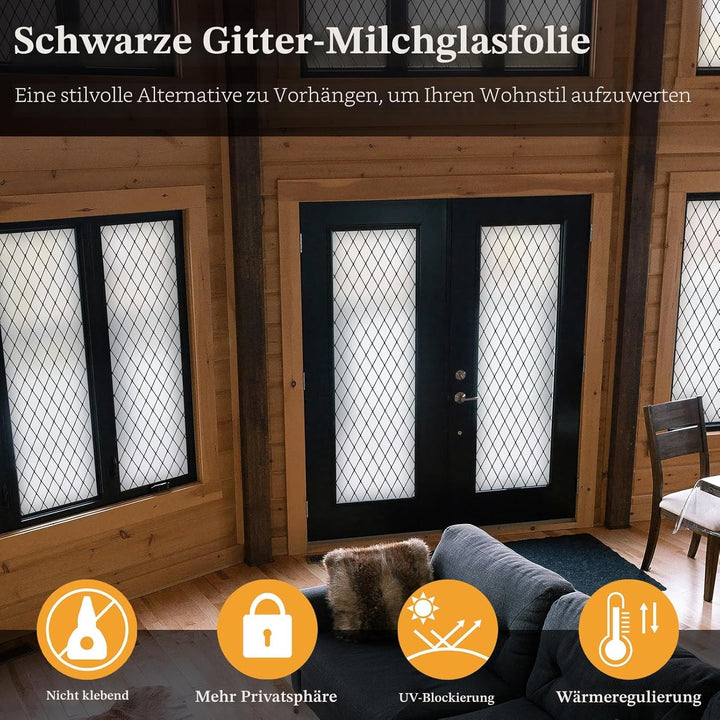 FEOMOS Fensterfolie Schwarze Gitter, Milchglasfolie Statisch Haftend Fensterfolie, Blickschutzfolie