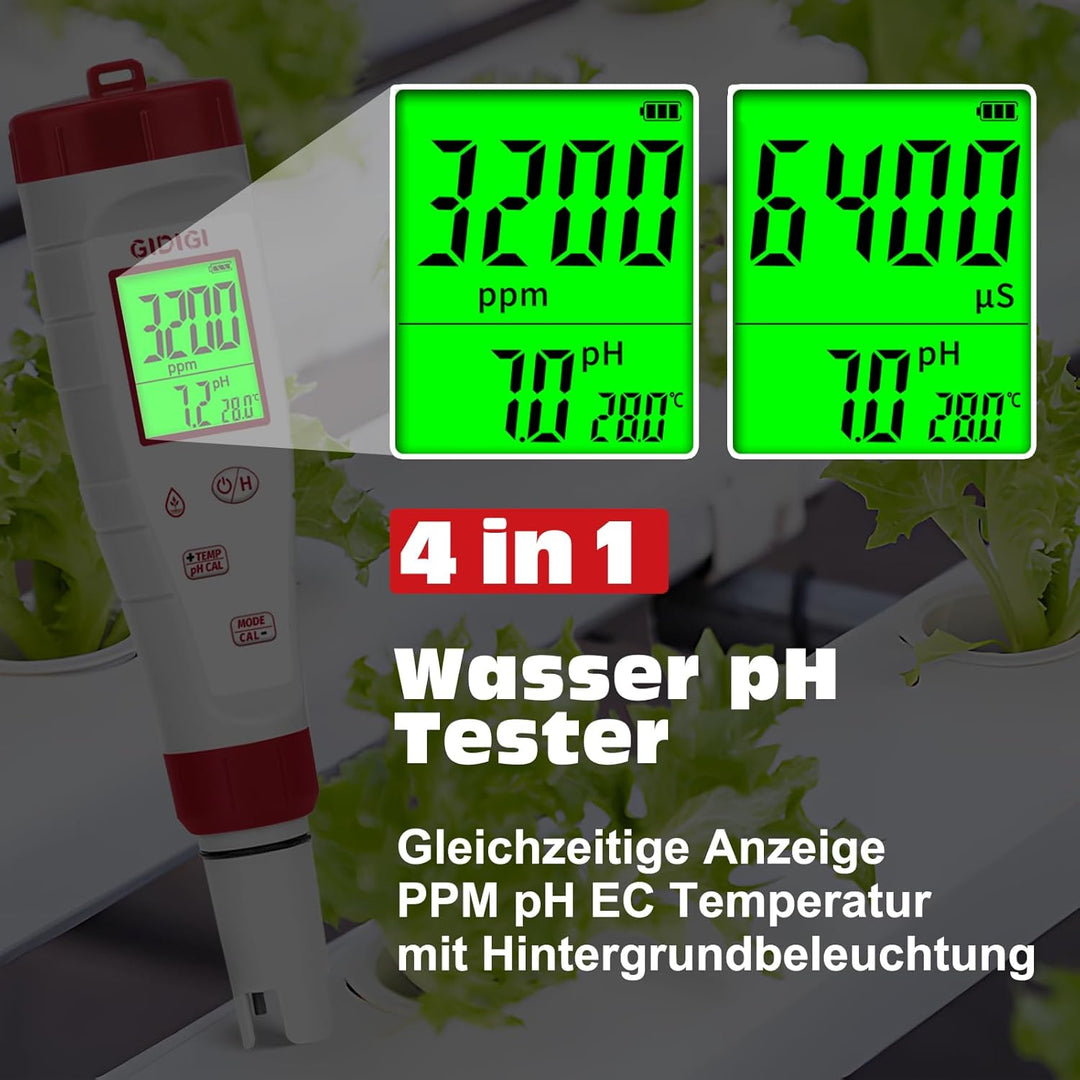 Digitales pH Messgerät für Wasser, TDS Tester für Trinkwasser, 4-in-1 pH TDS und EC Messgerät für Hy