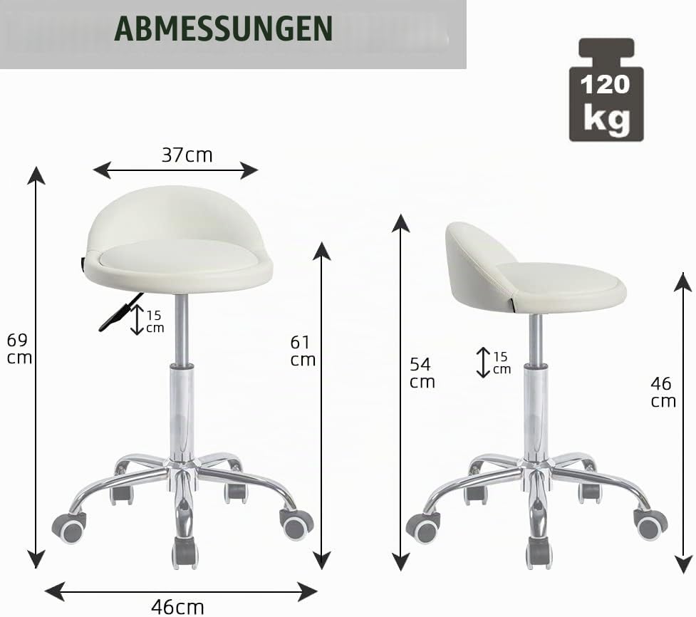 Mingone Bürohocker mit Rollen Arbeitshocker Weiss Rollhocker Höhenverstellbar Sitzhocker 360° Drehba