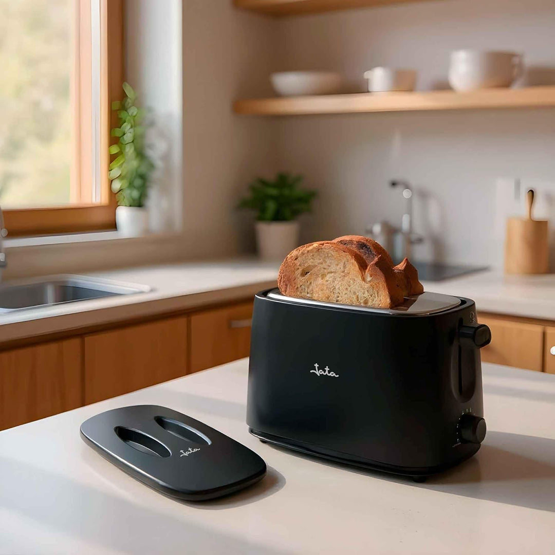 Jata TT631 Schwarzer Toaster mit Schutzkappe und zwei extra breiten Schlitzen, mit elektronischem Ro