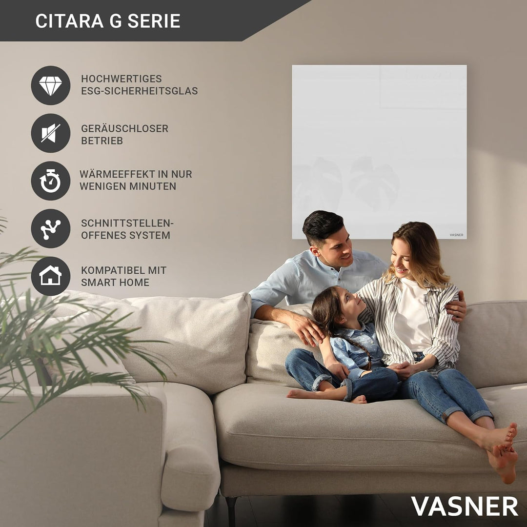VASNER Citara G – Glas Infrarotheizung 300-900 W, Made in Germany, rahmenlose Elektroheizung Wandmon