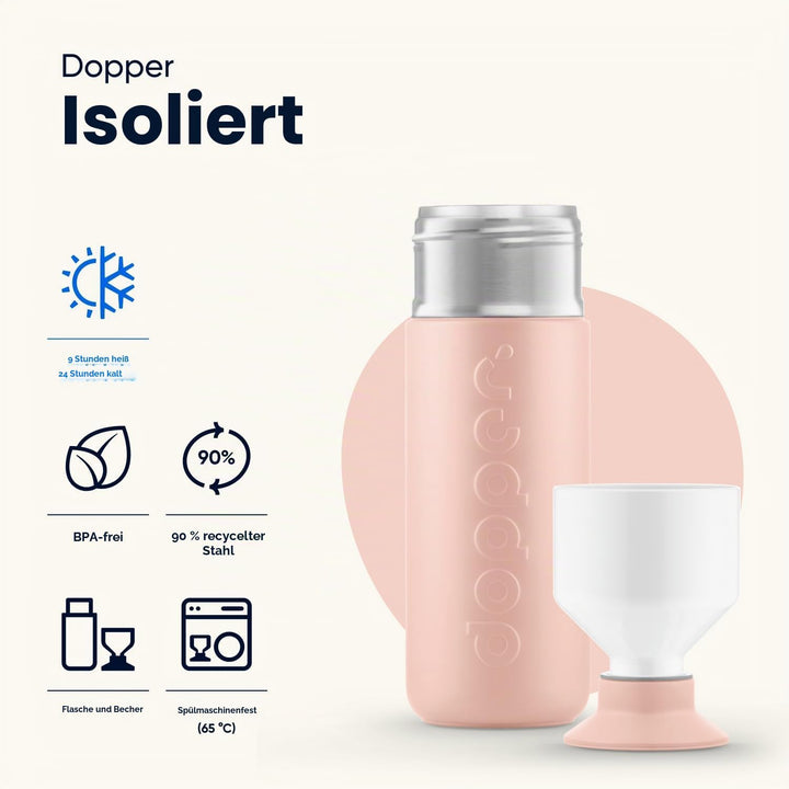Dopper Insulated 580ml Thermosflasche Pebble Peach - Doppelwandig, auslaufsicher, hält 24h kalt/9h h