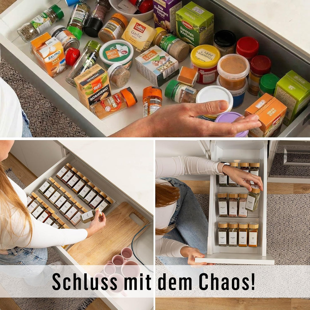 Deco haus® Gewürzregal Schublade [MIT 24 GEWÜRZGLÄSER & ETIKETTEN] - Gewürz Organizer Schublade - Ge