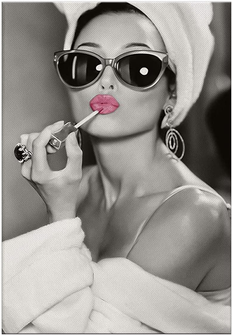 ZHONGYUTONG Audrey Hepburn Leinwandbild mit Rahmen Rosa Lippenstift Wand Gemälde Schwarz Weiss Kunst