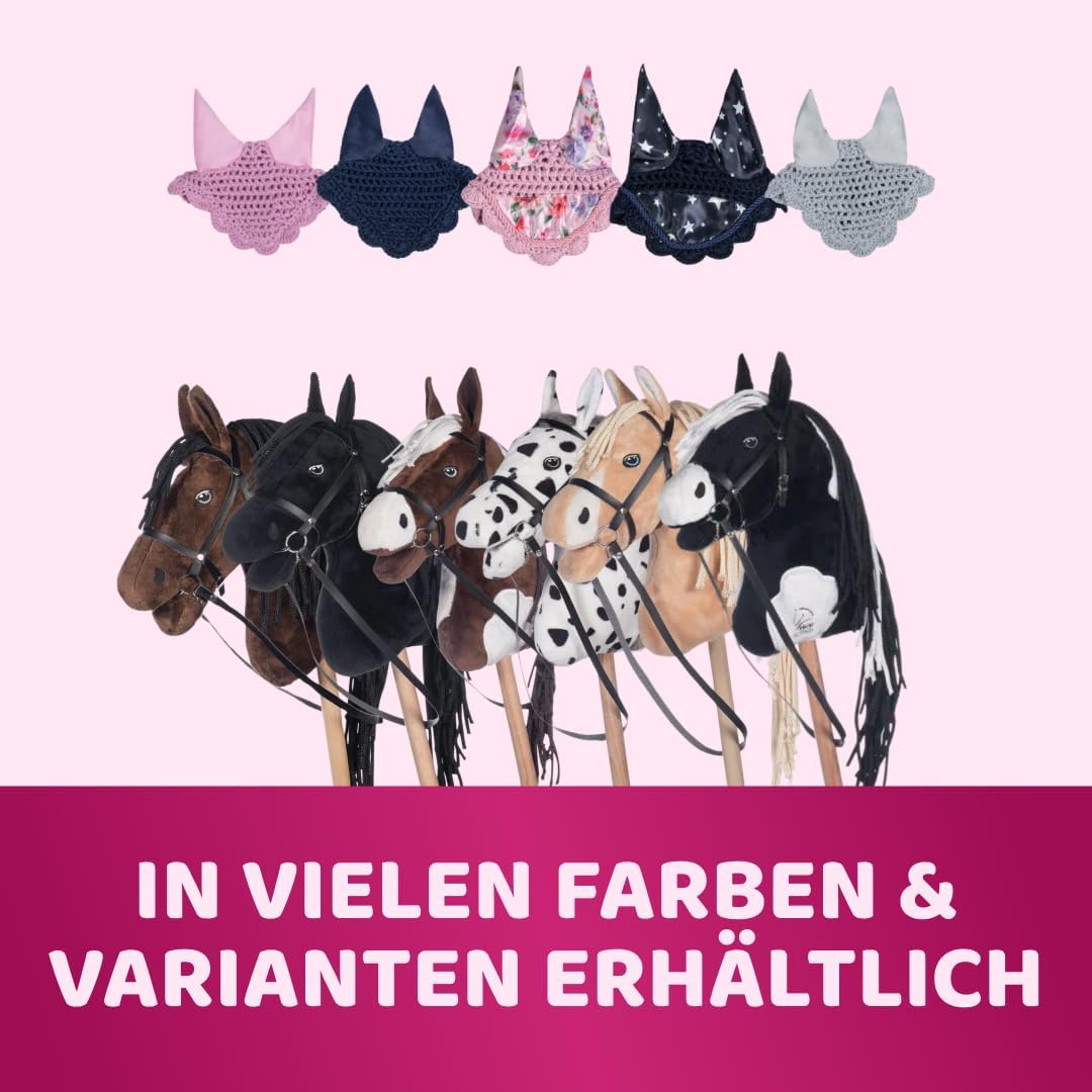 Hobby Horse Set Schwarz Weiss mit Blauer Decke und Blauer Fliegenhaube, Steckenpferd für Kinder, Sto