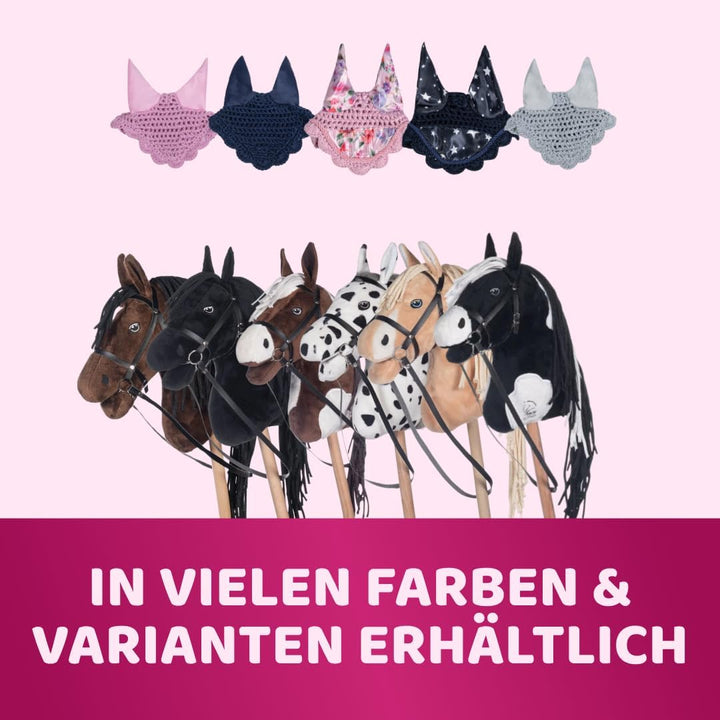 Hobby Horse Set Schwarz Weiss mit Blauer Decke und Blauer Fliegenhaube, Steckenpferd für Kinder, Sto