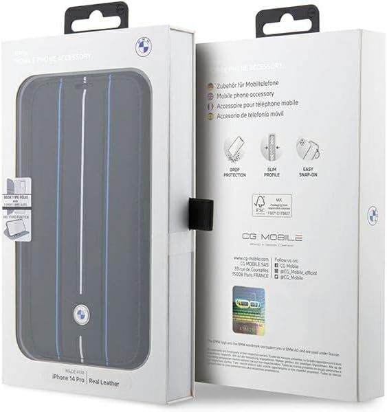 BMW BMBKP14X22RVSK Hülle für iPhone14 Pro Max 6,7" Schwarz Bookcase Leather Stamp Blue Lines