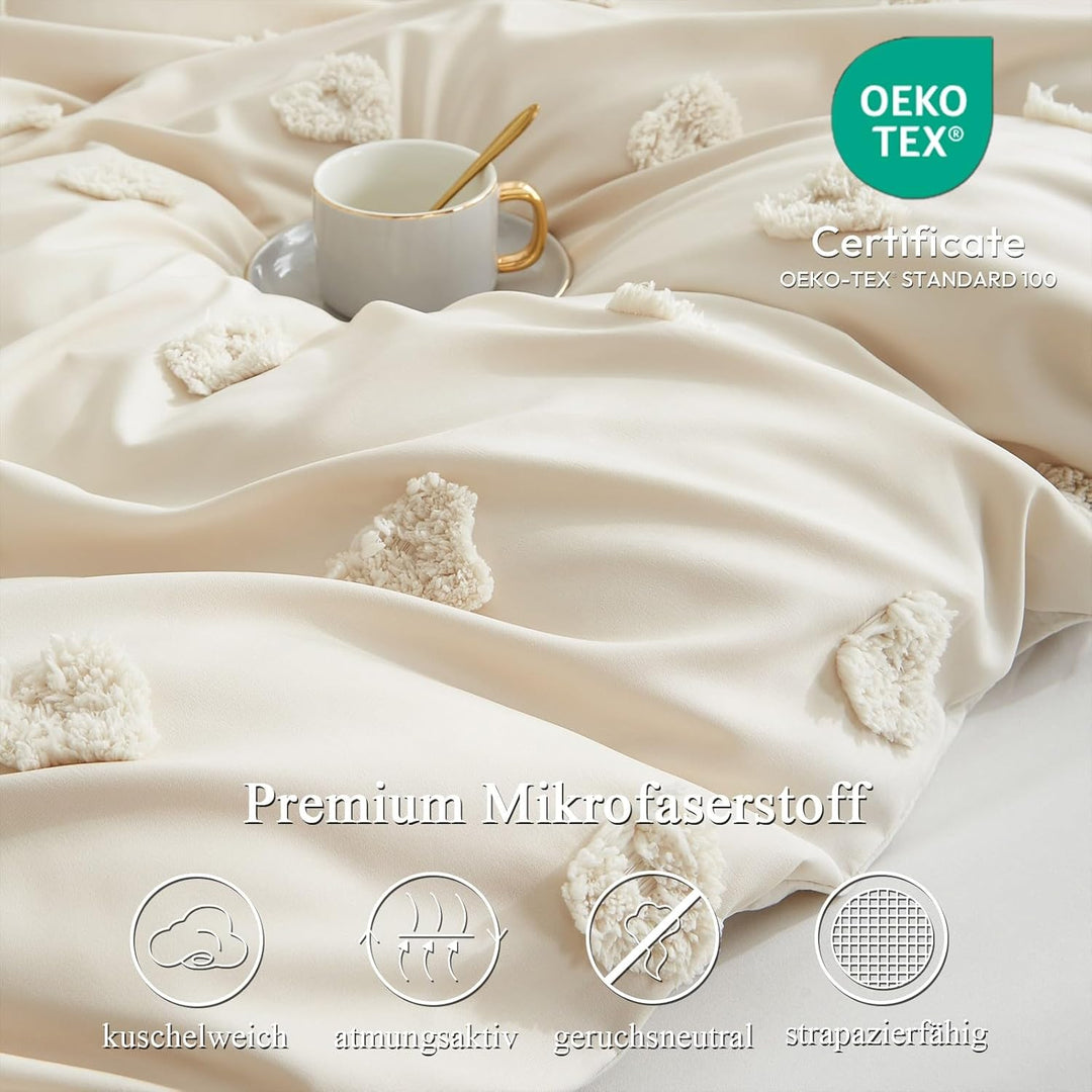 Freyamy Böhmen Bettwäsche 200x220cm 3teilig Beige Getuftet Herz Boho Bettwäsche Stickerei Shabby Chi