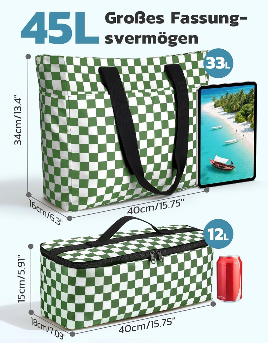 ISEYOU Strandtasche XXL Familie mit Kühltasche, Gross Strandtasche mit Reissverschluss Wasserdicht S