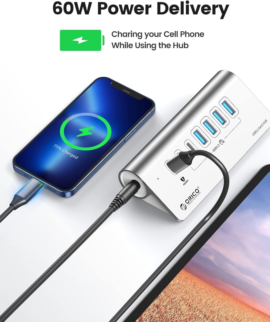 USB-Hub, ORICO USB-C-Hub, 3.2 Gen 2, Stromversorgung mit 7 Ports, 10 Gbit/s mit 4 USB C, 2 USB A, PD