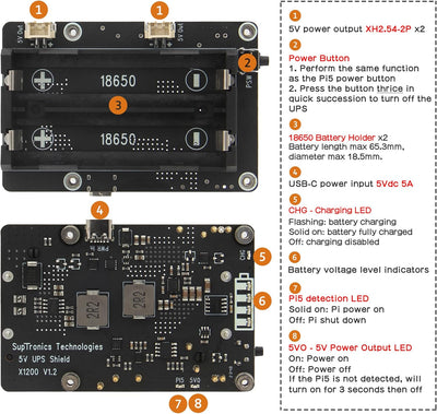 Geekworm X1200 5V UPS Shield for Raspberry Pi 5, with Max 5.1V 5A Output & Auto Power On & Safe Shut