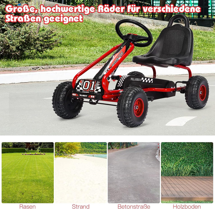GOPLUS Gokart mit verstellbarem Sitz, Tretauto mit Handbremse und geschlossener Kettenabdeckung, Vor