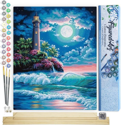 Figured'Art Malen Nach Zahlen Erwachsene Mit Rahmen Leuchtturm unter dem Vollmond - Paint by Numbers