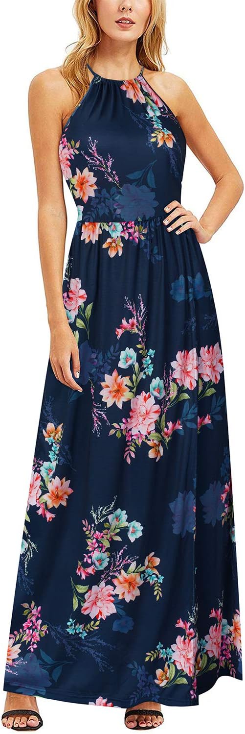 KILIG Sommerkleid Damen Lang Maxikleid Neckholder Elegant Sommer Kleid Hochzeitsgast Partykleid Schl