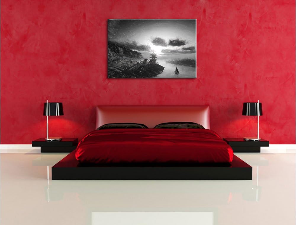 Pixxprint Chinesisches Haus am See Kunst / 100x70cm Leinwandbild bespannt auf Holzrahmen/Wandbild Ku