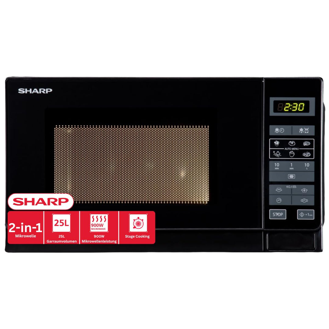 Sharp R742BKW 2-in-1 Mikrowelle mit Grill / 25 L / 900 W / 1000 W Grill / LED-Display / 8 Automatikp