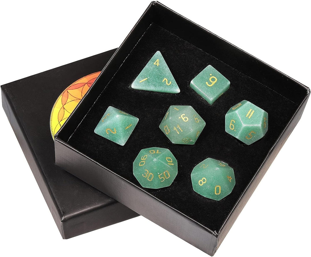 KYEYGWO Grüner Aventurin Kristall Polyedrische Würfel Set, 7pcs Reiki Heilung Stein Polyedrischer Sp