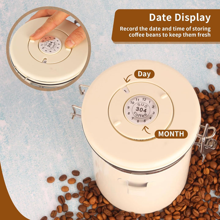 Kaffeedose Luftdicht(1,8 L), Kaffeebehälter, aus Edelstahl, Mit Edelstahl-Löffel, Zeitspeicherfunkti