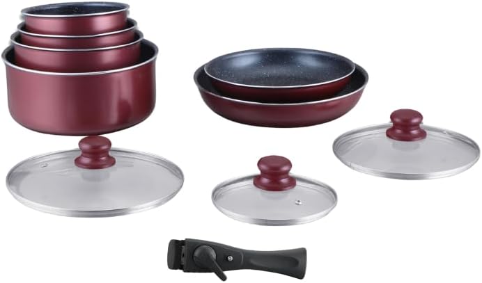 HAGEN, Stone coated cookware, Removable handle, 10 pieces, Bordeaux, Non-stick coating, All burners,