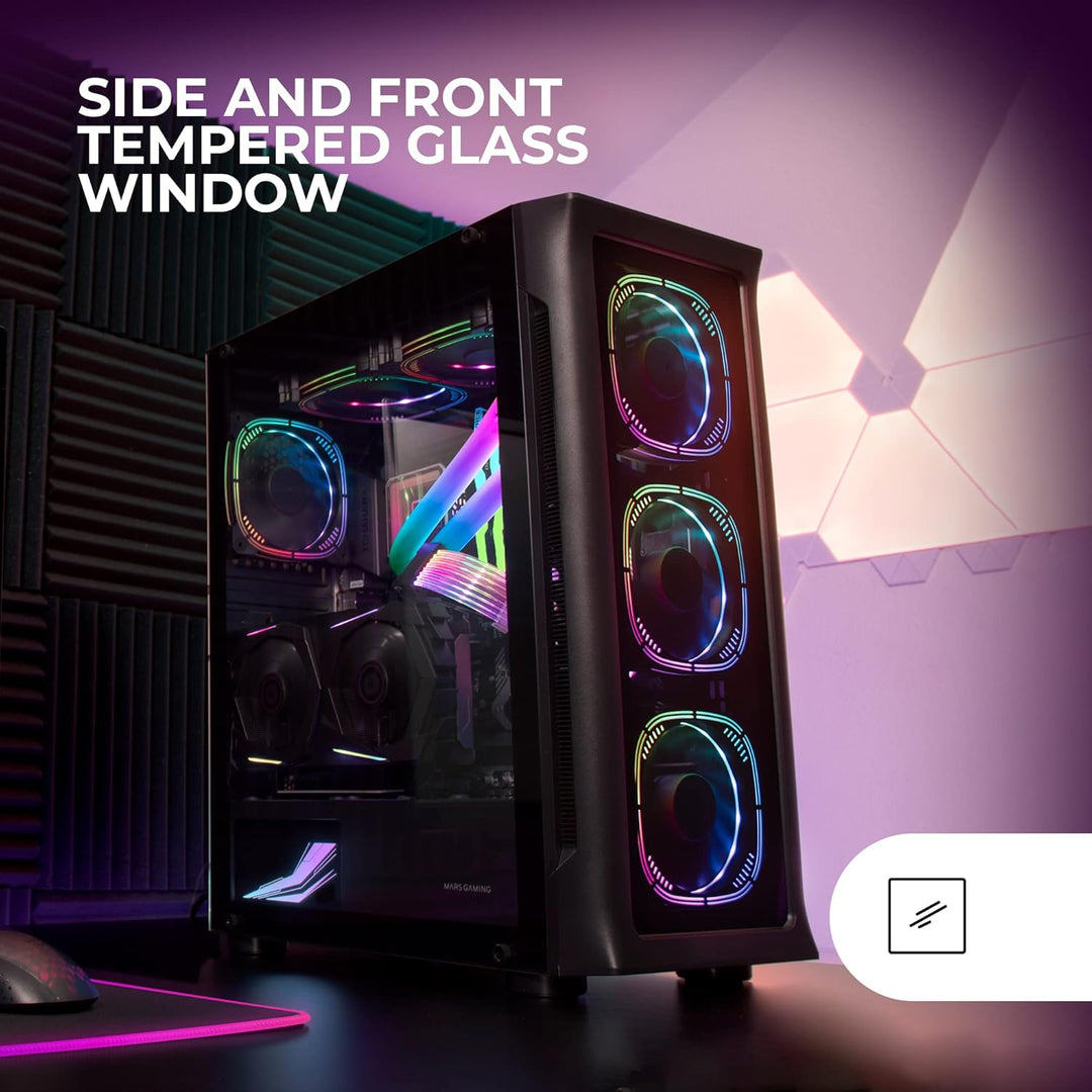 Mars Gaming MC-NEO Schwarz, XXL E-ATX Gaming Tower, Gehärtetes Glas Seiten und Frontfenster, 4X ARGB