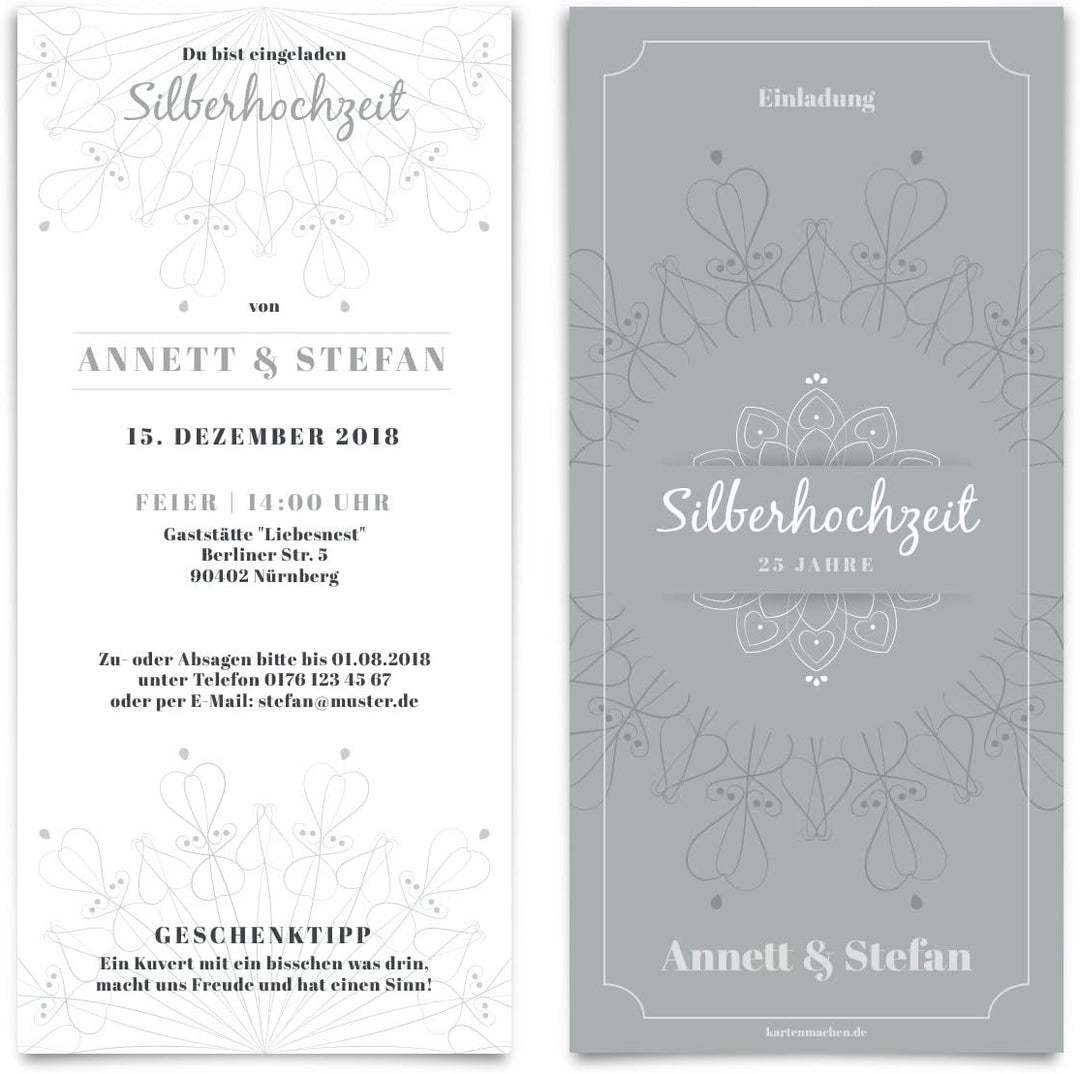 10 x Hochzeitseinladungen Silberhochzeit silberne Hochzeit Einladung individuell - Blumen Ornamente