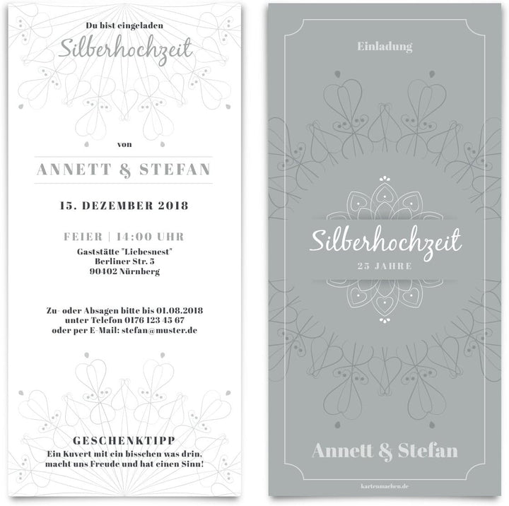 10 x Hochzeitseinladungen Silberhochzeit silberne Hochzeit Einladung individuell - Blumen Ornamente