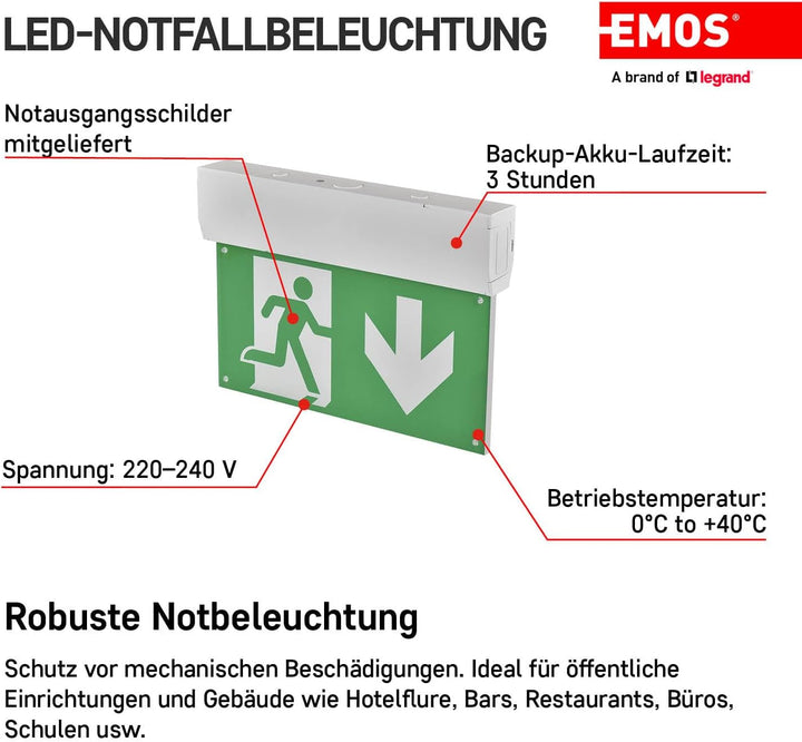 EMOS LED Notbeleuchtung, Notausgangsschild bis zu 3h Notfall-Modus, Fluchtwegleuchte mit Manuell-Tes