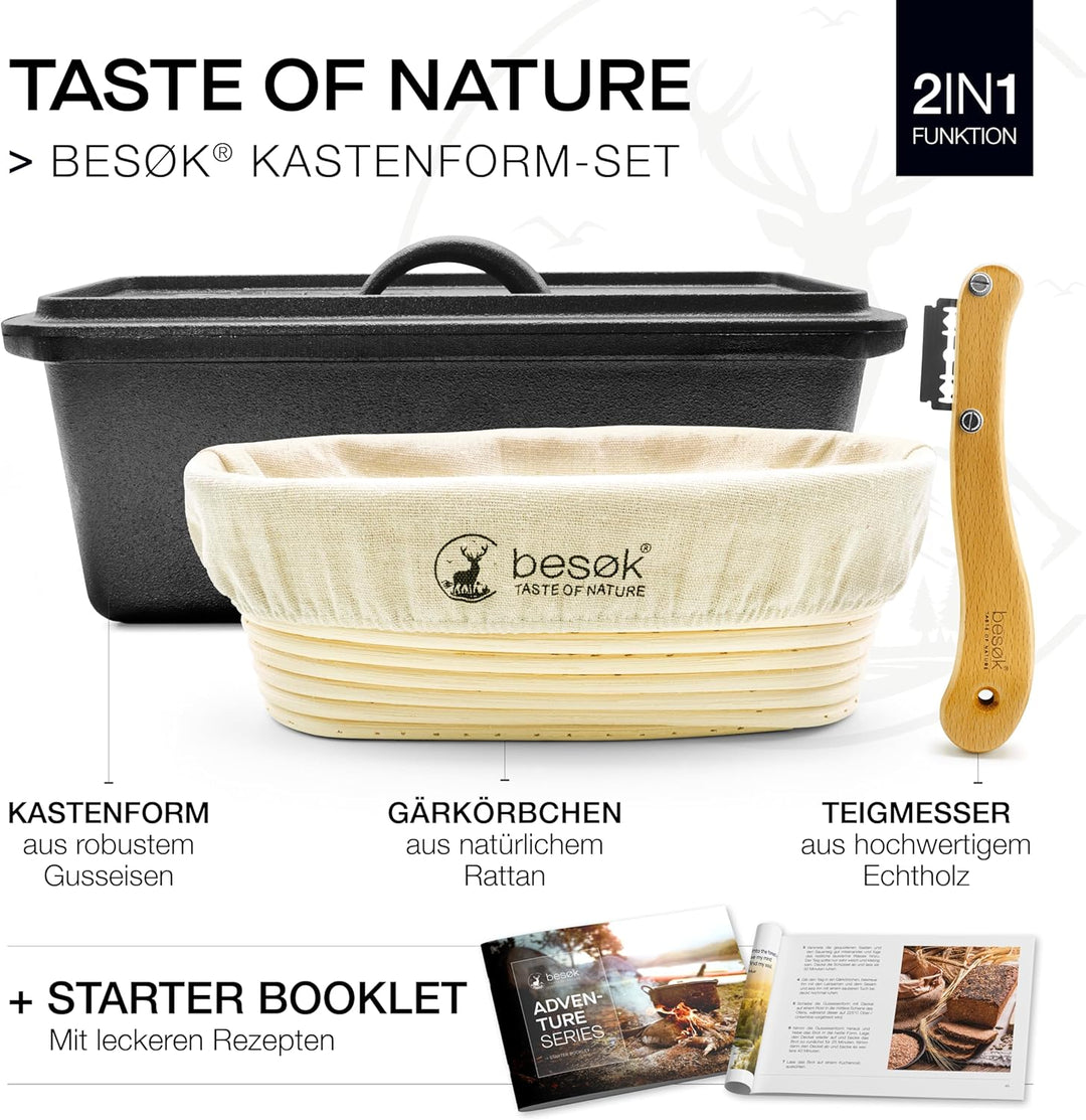 besok Brotbackform mit Deckel, Gärkorb & Teigmesser - Gusseisen Backform Brot backen Zubehör - Kaste