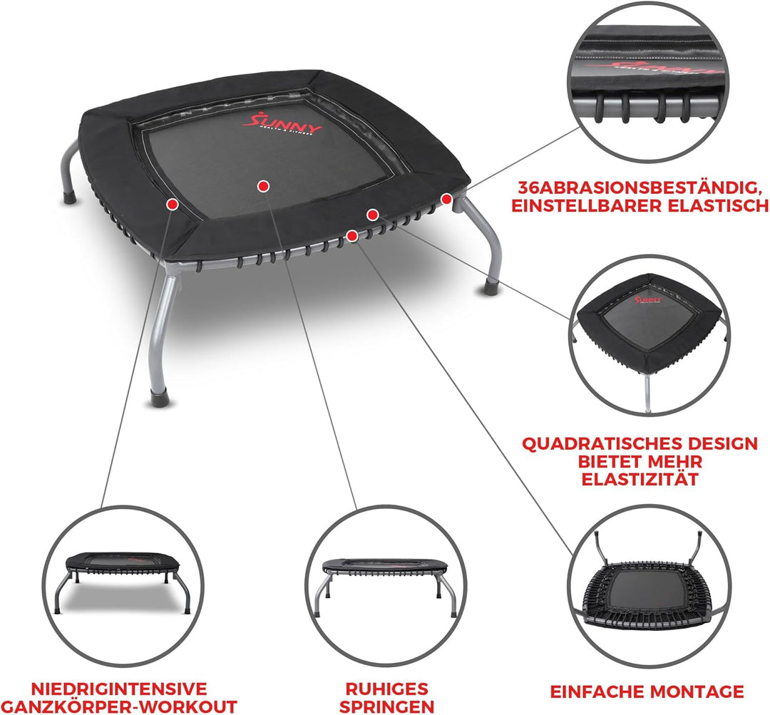 Sunny Eckiges Fitness-Trampolin mit Bungee-Federung, 91/102 cm | Trampolin ohne Metallfedern, Einzel