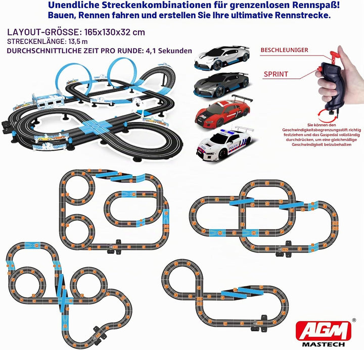 Slot Car Racing Set mit LED-Rundenanzeige, Hochgeschwindigkeit, Tankstopp, Sprachfeedback, 4 lizenzi