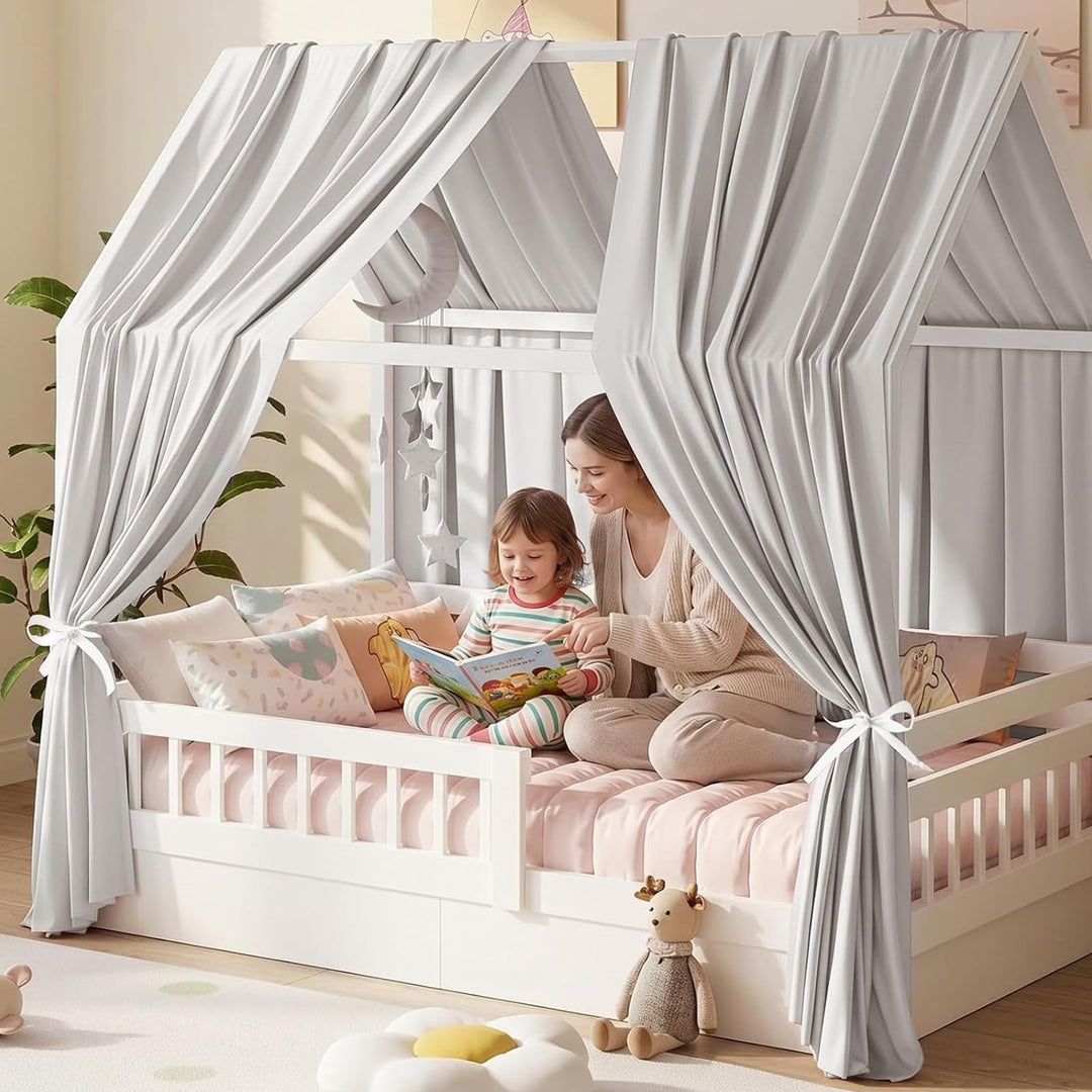 Hausbett Himmel, Betthimmel Hausbett Musselin mit 2 Stück Betthimmel, Stoffhimmel, Baldachin Kinderz