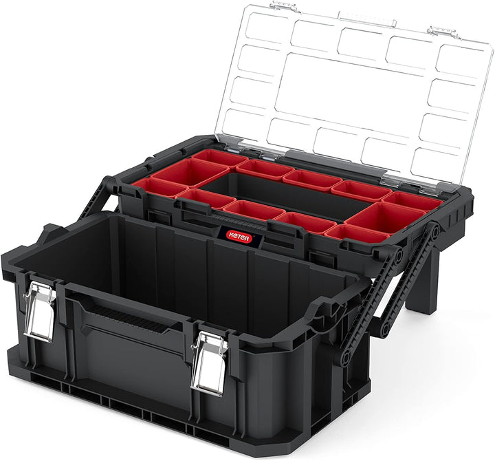 Keter Connect Cantilever Werkzeugkasten, 56,5x31,7x25,1 Cm, Transparenter Bruchsicherer Deckel, Hera