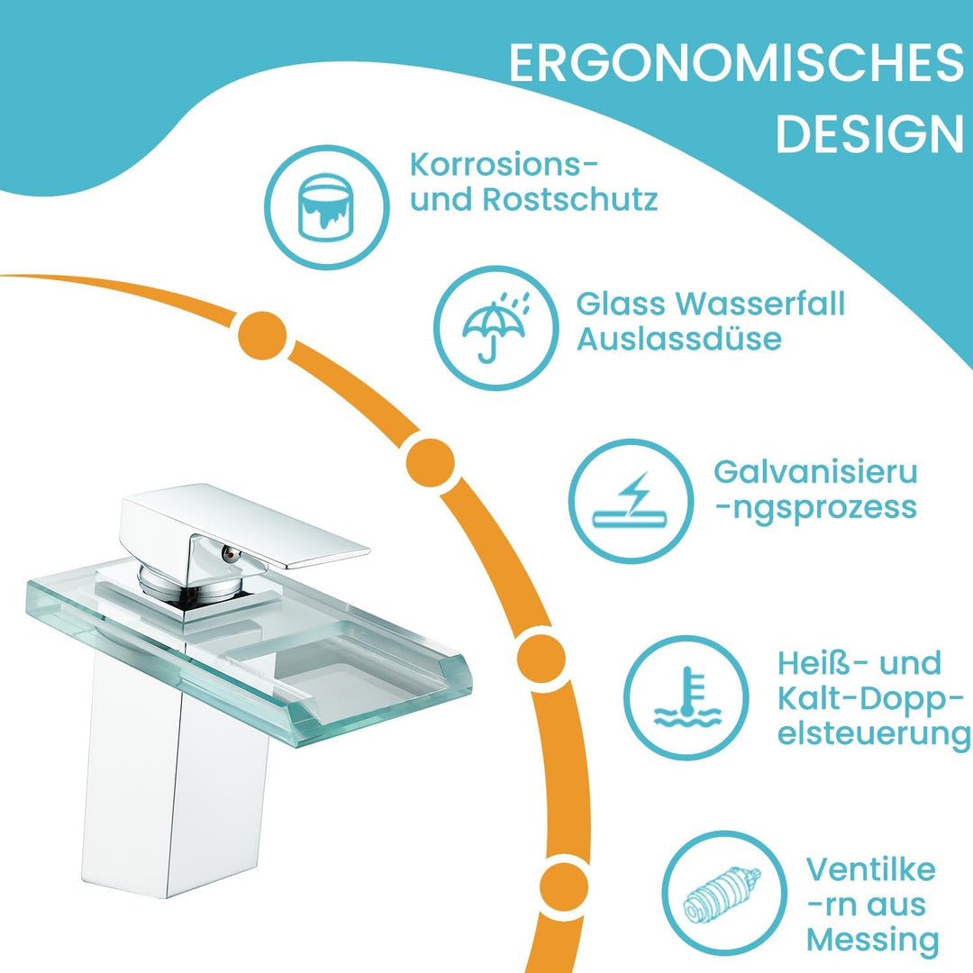 Wasserhahn Bad,Wasserfall Armatur Badezimmer Glas,Einhand-Waschtischarmatur,Chrome, Chrome