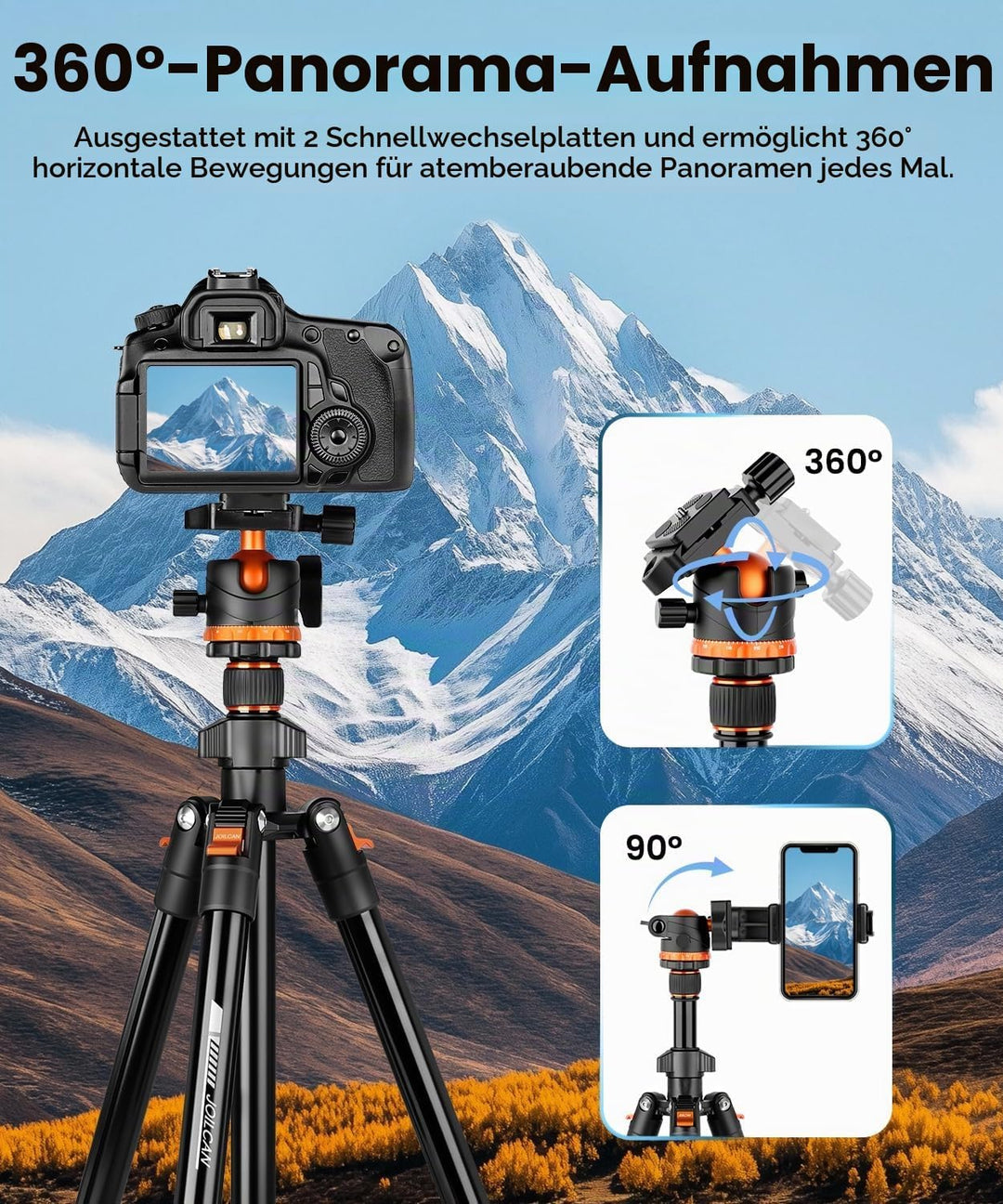 JOILCAN Aluminium Kamera Stativ, 168cm Robustes Reisestativ mit 360° Panorama Kugelkopf &amp; Handyhalte