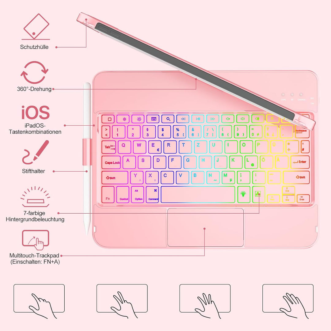 MMK Tastatur Hülle für iPad 10 Generation 10,9 Zoll 2022, 7 Farben Beleuchtung & Multi Touch Trackpa