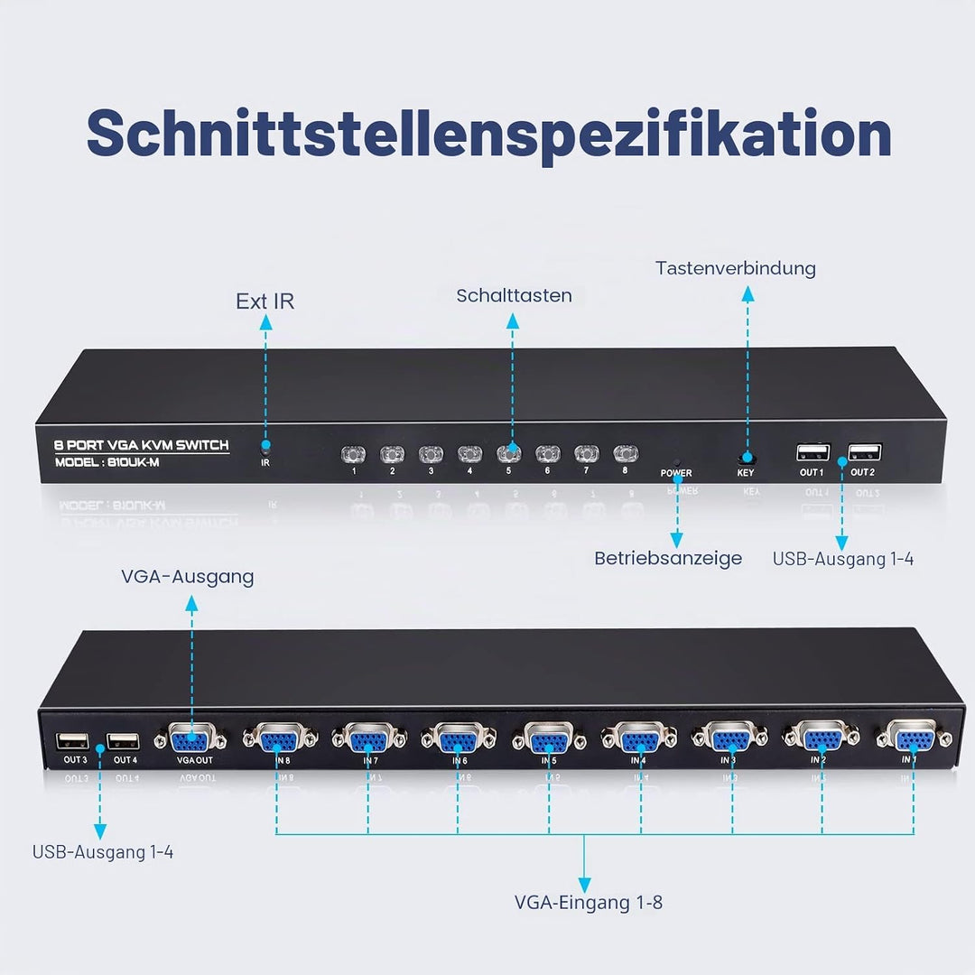 DGODRT VGA KVM Switch 8 Port mit 8 KVM Kabel, USB Umschalter für 8PC Sharing Tastatur, Maus, Drucker