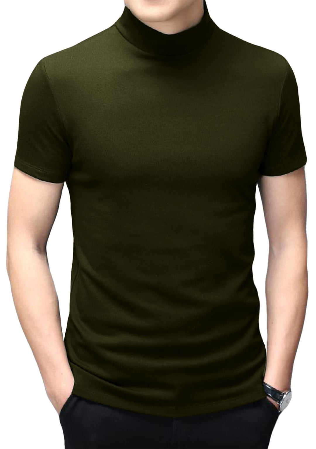 Herren T-Shirt Kurzarm Polo Neck Basic Mock Turtleneck Slim Fit Solid Tops XL 1-grün, XL 1-grün