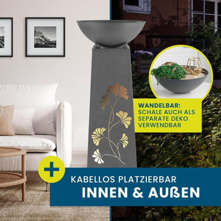 Hoberg LED Pflanzsäule Gingkoblätter-Design in Beton-Optik | Abnehmbare Pflanzschale (Ø 34cm) In- un