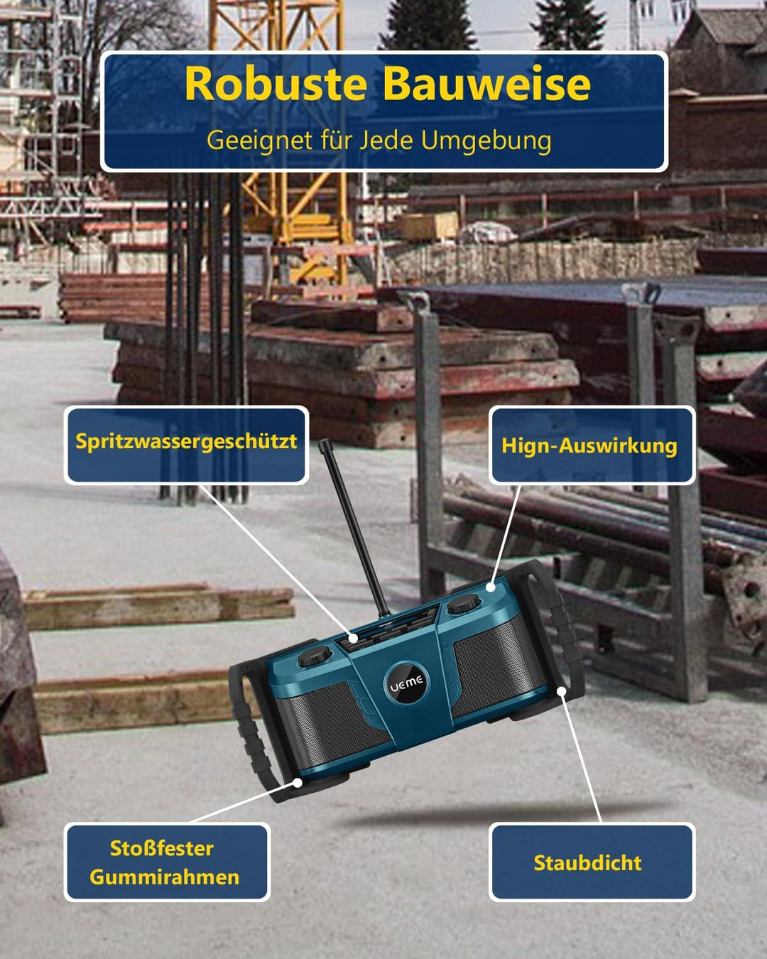 UEME DAB Plus Radio Baustellenradio Mit Akku,Outdoor Radio Mit Bluetooth, DAB+, FM Und Aux, Inklusiv