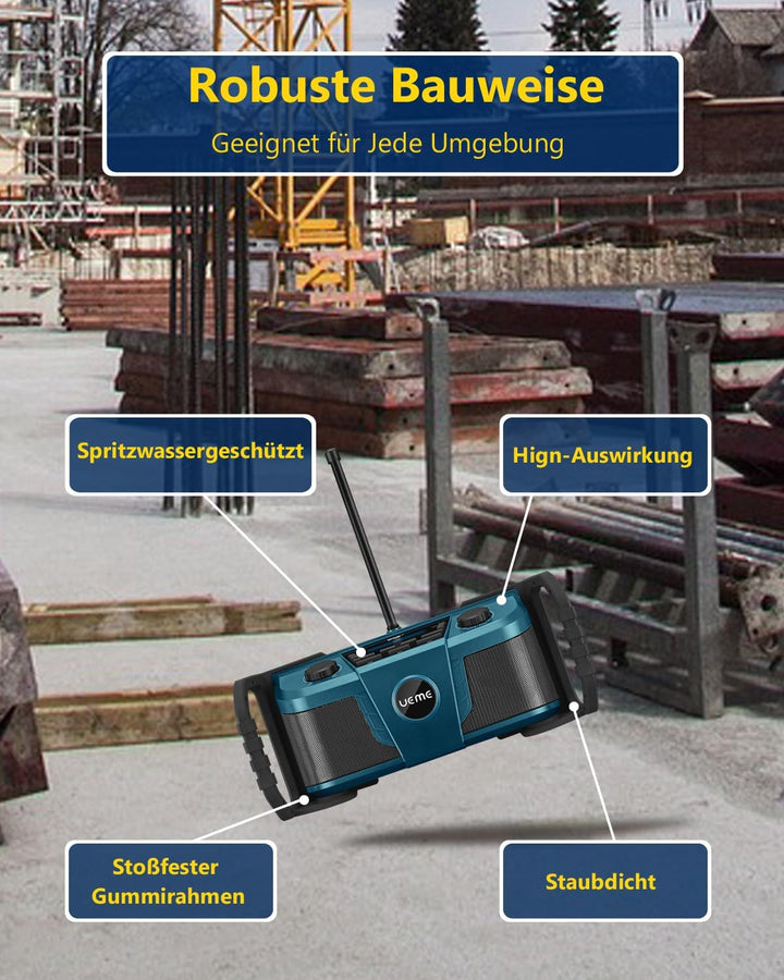 UEME DAB Plus Radio Baustellenradio Mit Akku,Outdoor Radio Mit Bluetooth, DAB+, FM Und Aux, Inklusiv