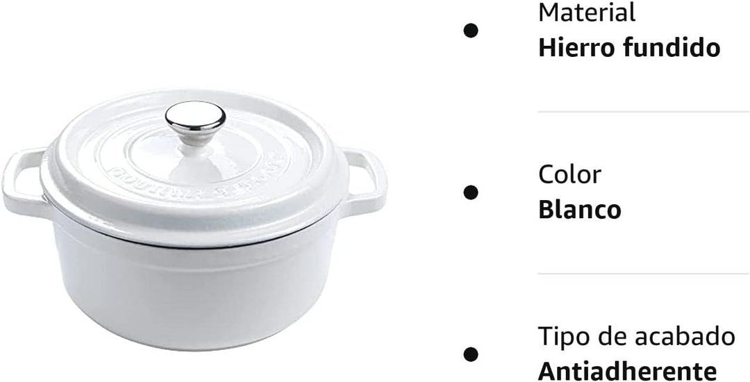 Runder Kochtopf aus Gusseisen mit glasierter Keramikbeschichtung, Cocotte mit Deckel. Gourmet Tools