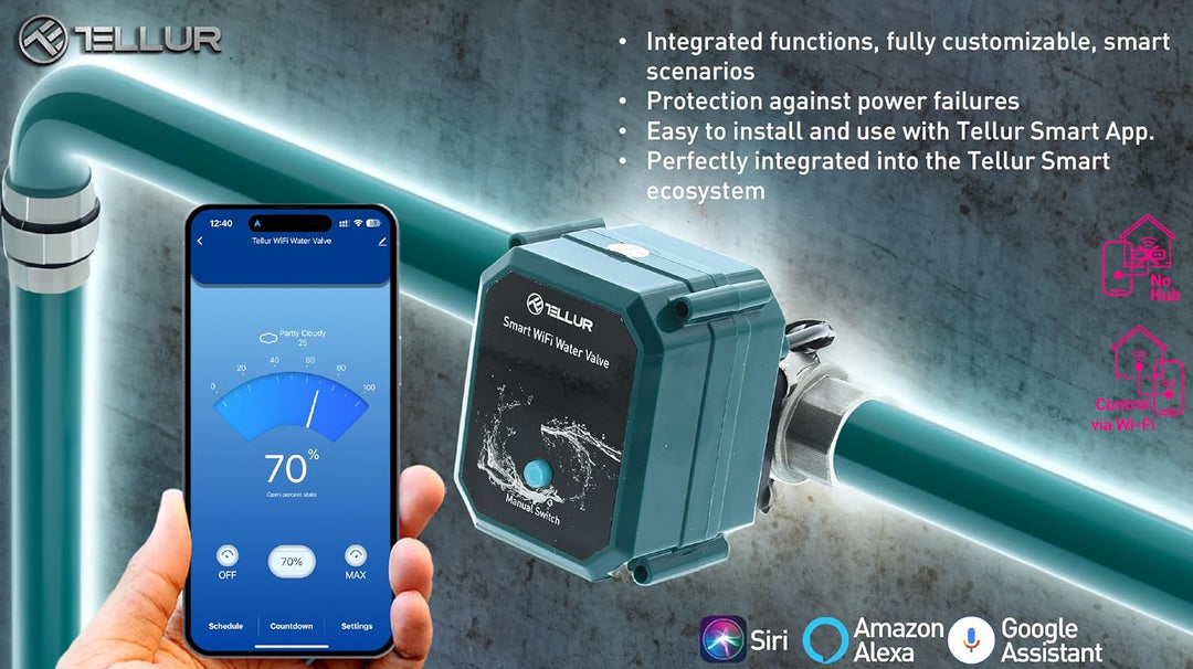 TELLUR SMART Wlan Wasserelektroventil, Sicherheitsmagnetventil, Telefon-App, Sprachsteuerung mit Ale