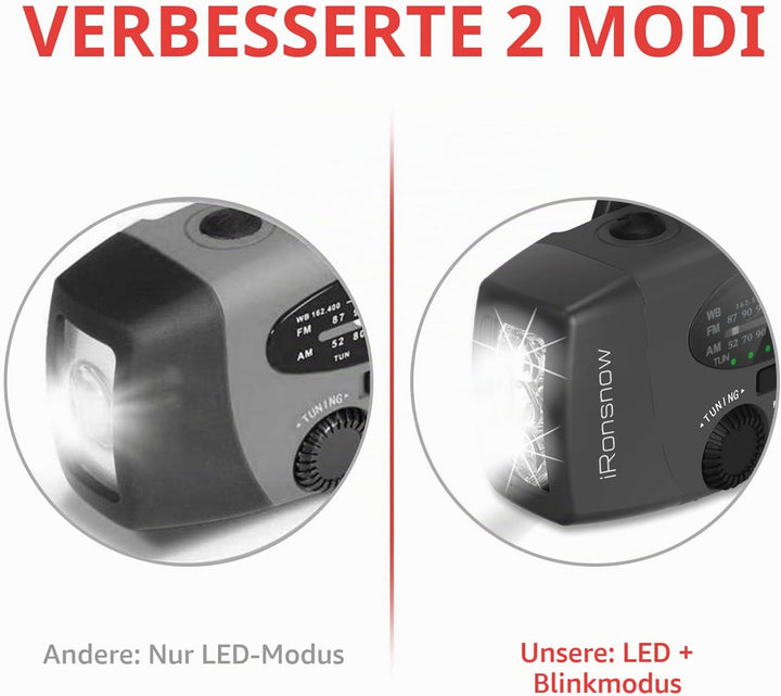iRonsnow Notfall-Solarradio, Tragbare Kurbelradio mit LED-Taschenlampe, SOS-Alarm, AM/FM/WB Solar Wi