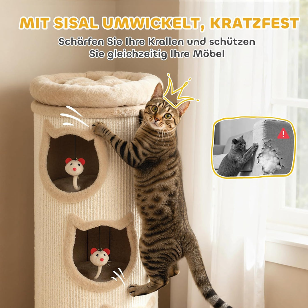 PawHut Kratztonne 96 cm Hoch Ø 38 cm dreistöckige Katzentonne mit Plüschrand, abnehmbarem und waschb