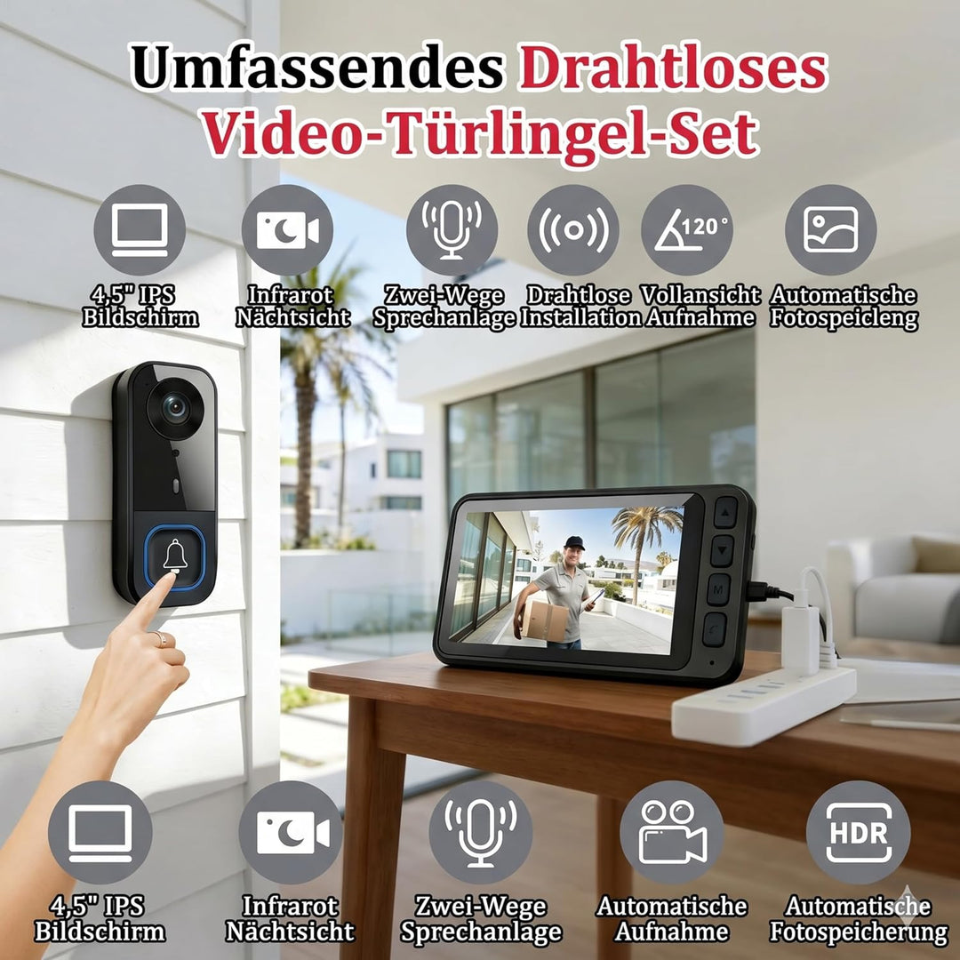 Video Türklingel mit Kamera Drahtlos, Funkklingel mit Kamera, Türsprechanlage mit Kamera 4,5" IPS Mo
