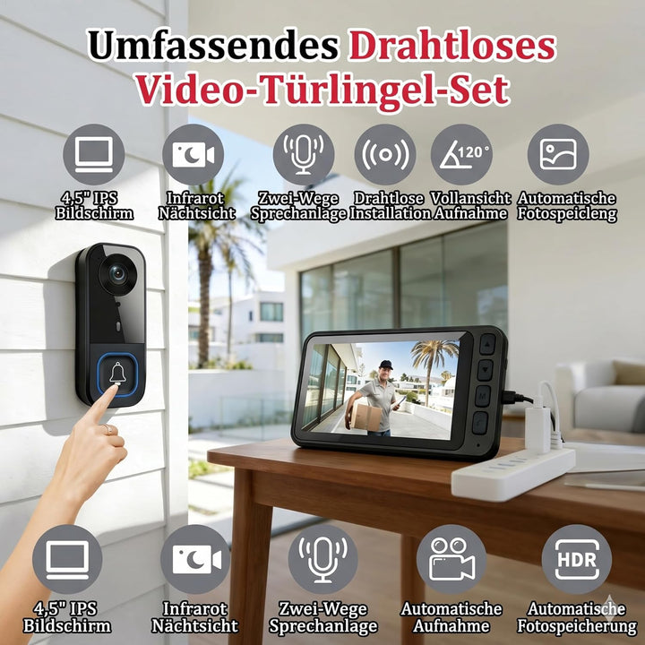 Video Türklingel mit Kamera Drahtlos, Funkklingel mit Kamera, Türsprechanlage mit Kamera 4,5" IPS Mo
