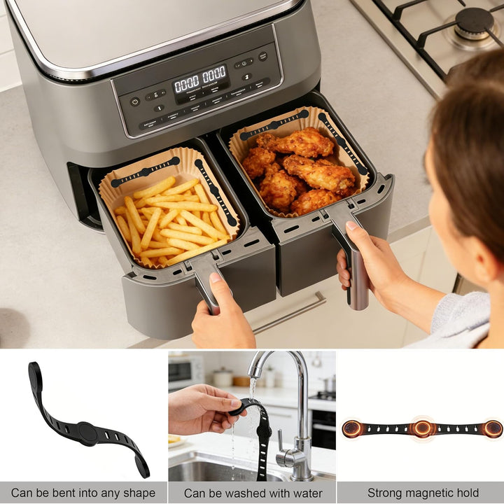 100 Stück Airfryer Backpapier+ 4 Stück Airfryer Silikon Magnete, THAKOI Heissluftfritteuse Zubehör N