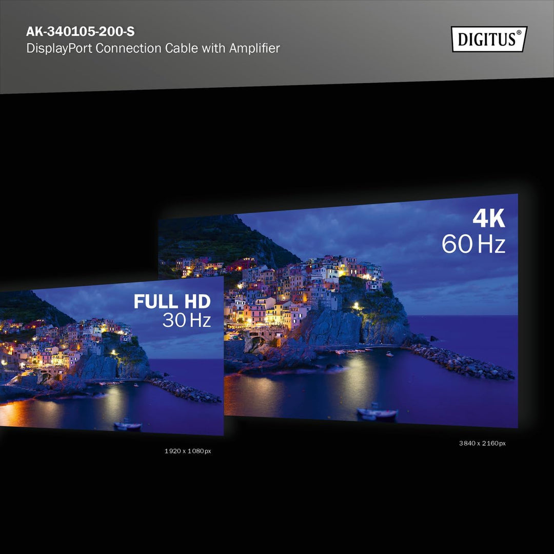 DIGITUS DisplayPort-Kabel mit Verstärker - UHD 4K/60Hz - 20m - Verriegelung - Displayport 1.2 - Komp