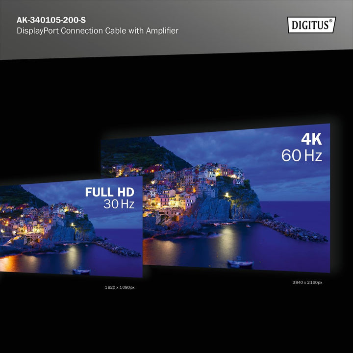 DIGITUS DisplayPort-Kabel mit Verstärker - UHD 4K/60Hz - 20m - Verriegelung - Displayport 1.2 - Komp