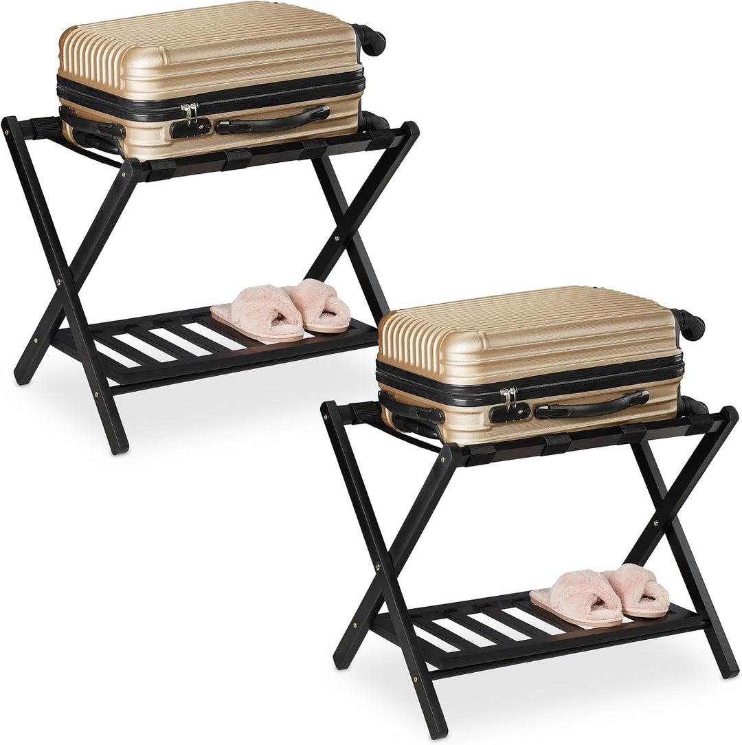 Relaxdays Kofferständer klappbar, 2er Set, Holz, HxBxT: 54 x 66 x 45 cm, 2 Ablagen, Kofferaufbewahru